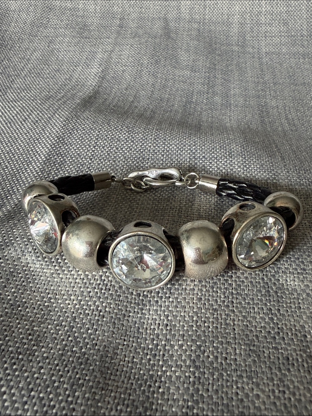 Chunky Silver Tone Crystal Black Strap Bracelet Biker Chic Rocker Statement